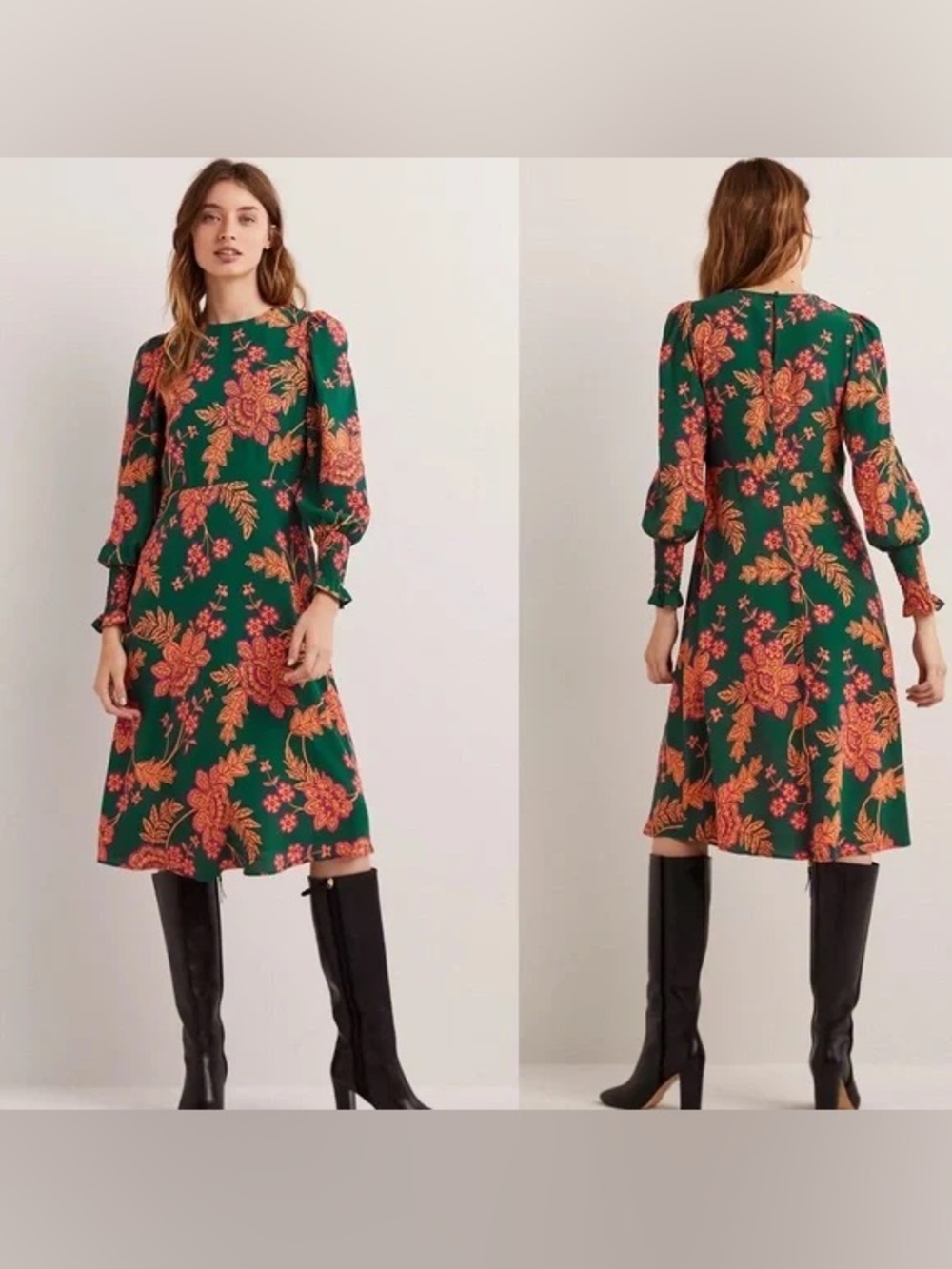 Boden Floral Print Smocked Cuff Midi Dress, Hunter Green Orange Pink Size 4 Fall